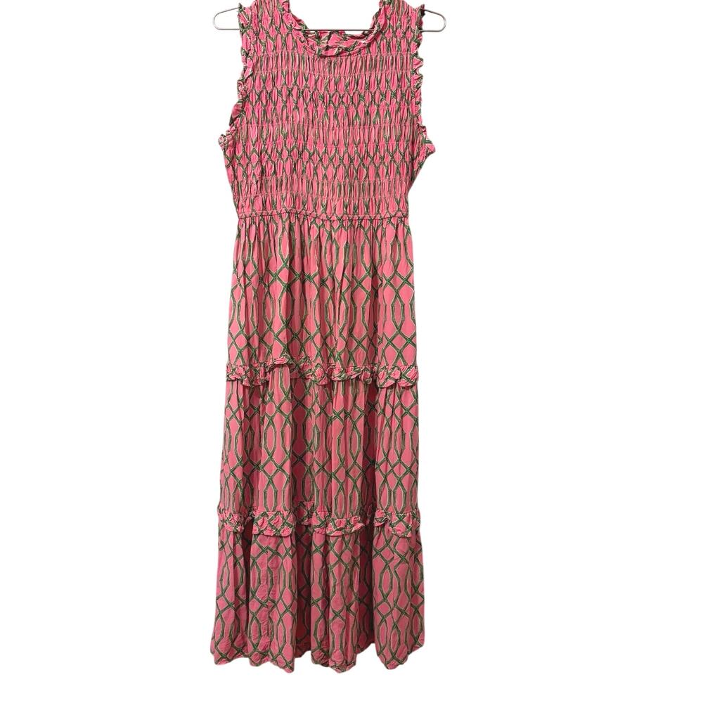 Crown & Ivy Pink And Green Bamboo Print Sleeveless Tiered Maxi Dress 6